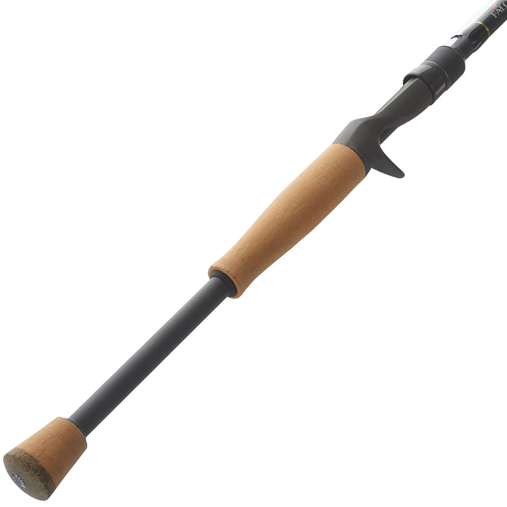 The Falcon Cara Casting Rod Swim Jig 7'2" Medium Heavy (CC-5F-172SJ) by Falcon features a cork handle, carbon fiber blank, and black reel seat, displayed at an angle on a white background.