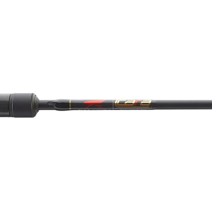 A close-up of the Falcon Cara Spinning Rod Finesse Rig 7'2" Medium Light (CS-3-172) by Falcon, made from carbon fiber with a gold and red logo near the handle, shown on a clean white background in a minimalistic style.