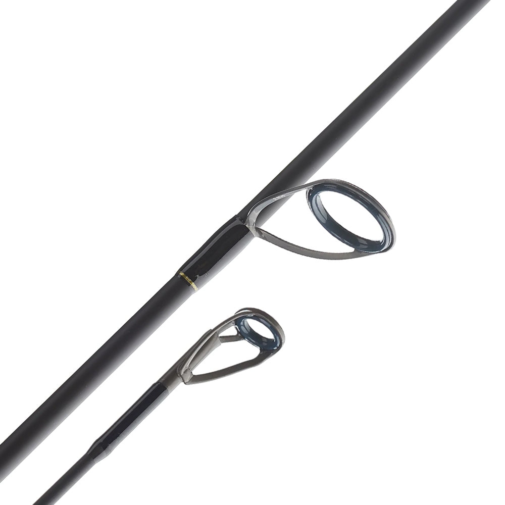 Close-up of two black Fuji guides on a graphite Falcon Cara Spinning Rod Finesse Rig 7'2" Medium Light (CS-3-172), showcasing its quality against a white background.