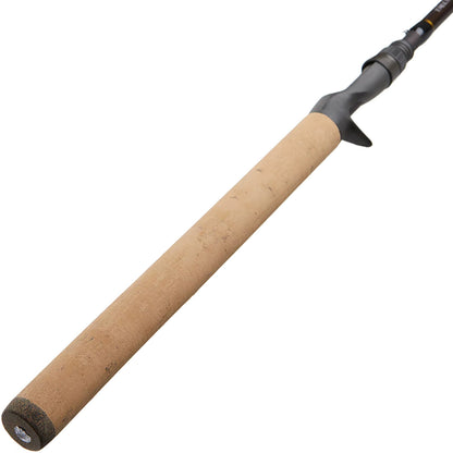 A close-up of the Falcon LowRider "Composite Cranker" 7'0" Medium Casting Rod (CLC-7M) handle shows a cork grip, black reel seat, and Fuji guides, all set against a white background.