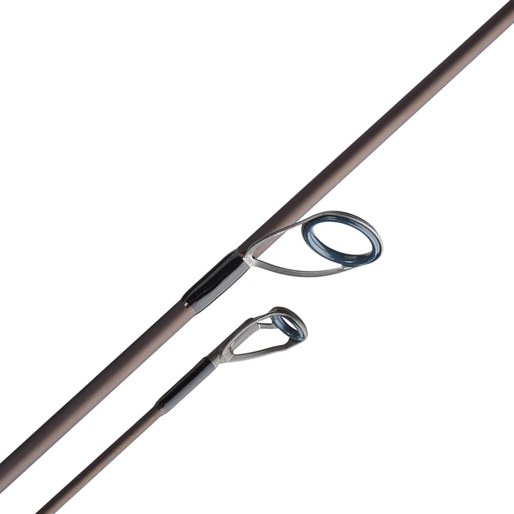 Close-up of two sections of the Falcon LowRider Spinning Rod "Shaky Head" 6'10" Medium (LFS-610M) by Falcon, showing its circular metallic guides and sleek brown, low-profile design with modern fittings.