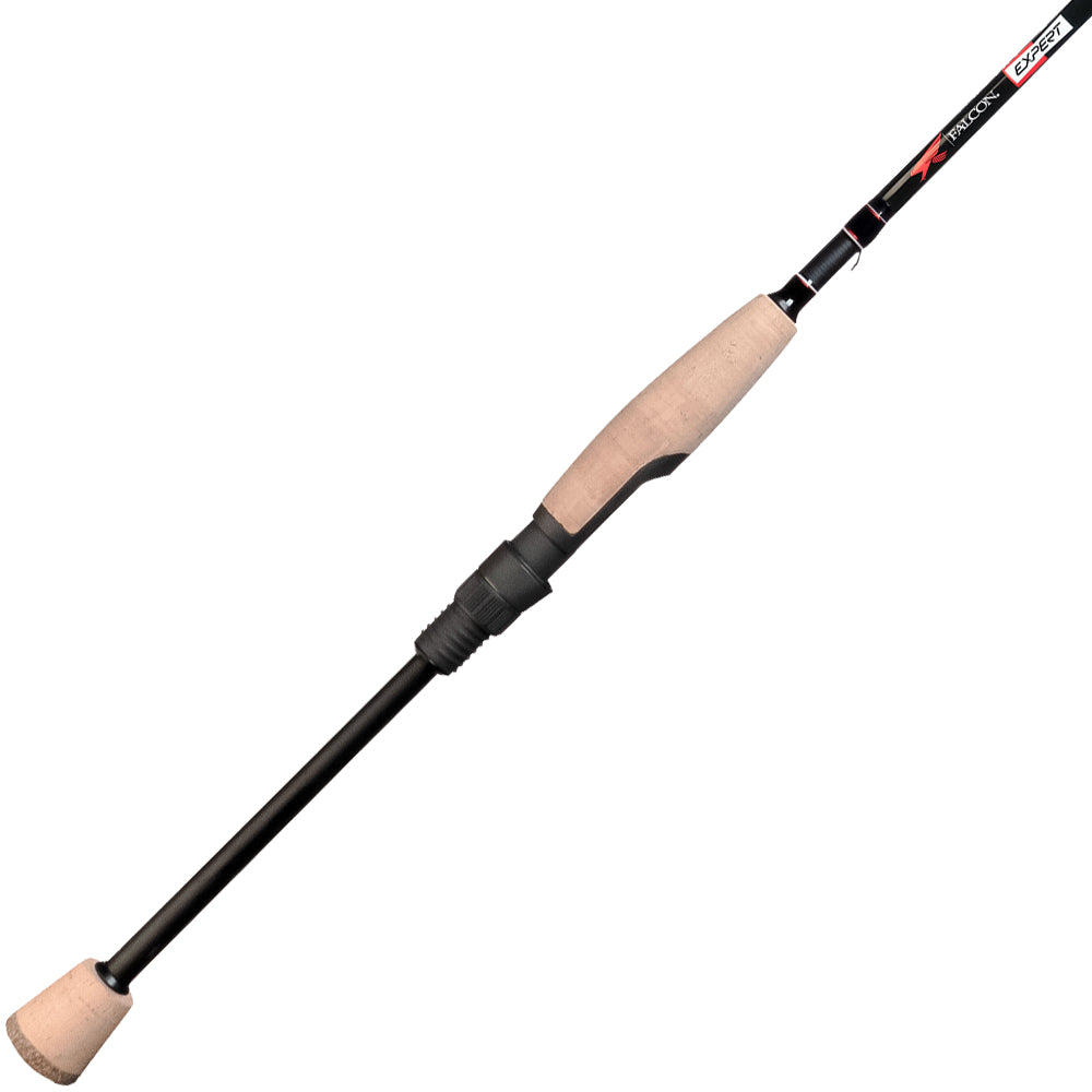 The Falcon Expert "Drop Shot / Rig" 6'10" Medium Light Spinning Rod (ES-3-1610) features a cork handle, black reel seat, slim black CrossMatch composite shaft, and red and white branding near the top.