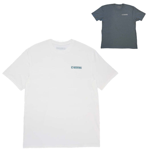 Two G. Loomis Short Sleeve Logo Tees are shown: one white in front, one dark gray in the upper right background. Both feature a small rectangular "Crossing" logo on the left chest, true to classic G. Loomis style.