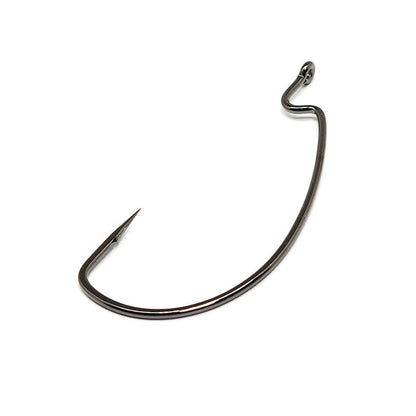 A close-up of a sharp, offset Gamakatsu Extra Wide Gap (EWG) Worm Hook from a 25 Pack, ideal for Texas rigging. It features a smooth bend and pointed barb against a plain white background.