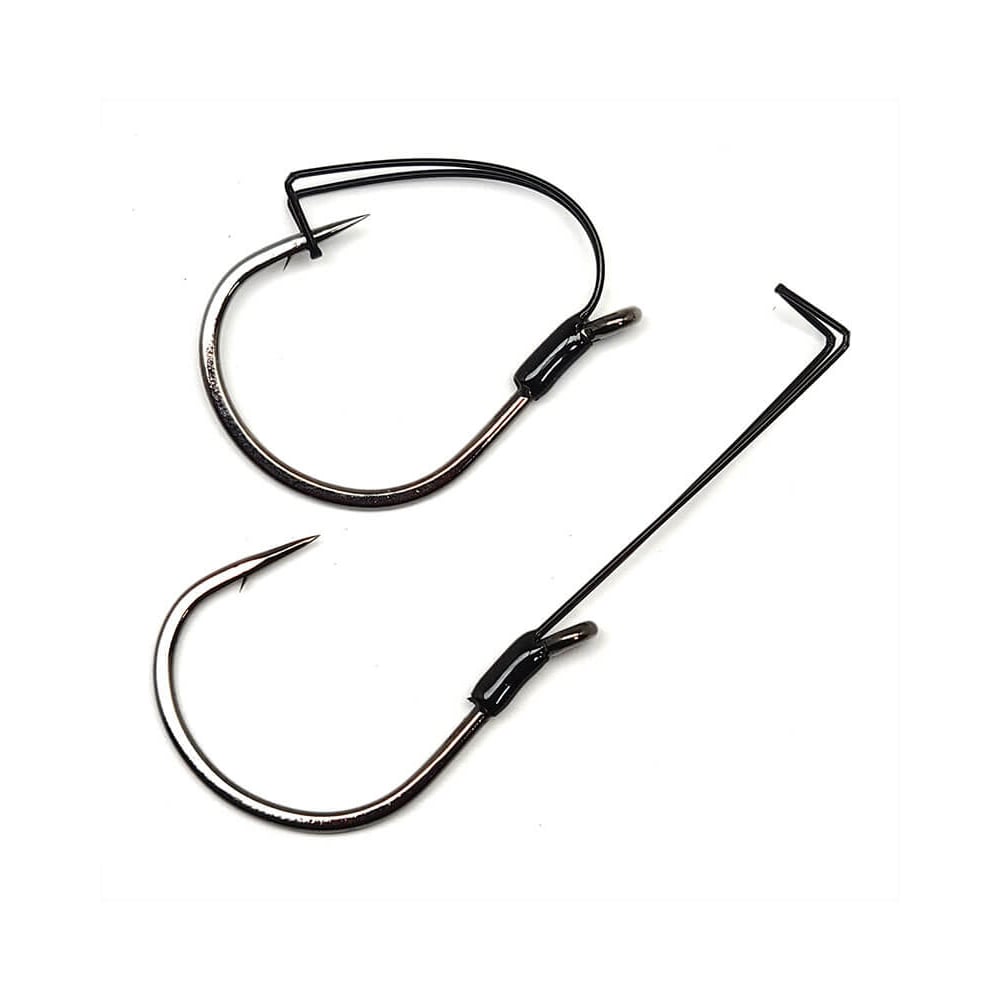 Two Gamakatsu Finesse Weedless Wide Gap Hooks are displayed; one from the side and one from the top, showcasing their curved shapes and sharp points. With a wide gap design and dark metallic finishes, these expertly crafted hooks by Gamakatsu are perfect for catching fish.