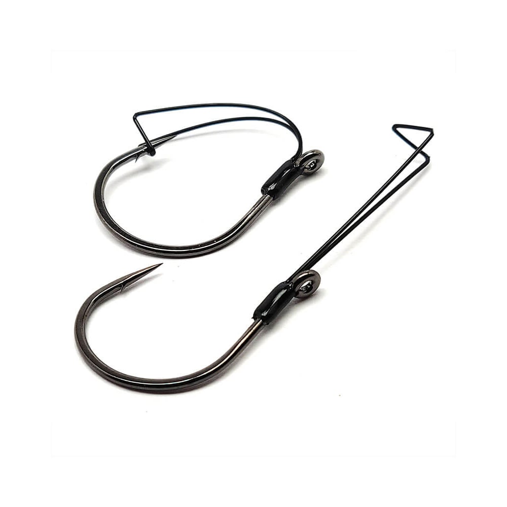 Two metal Gamakatsu Finesse Weedless Wide Gap Hooks with sharp points, safety clips, and angled designs are set against a plain white background. These hooks are perfect for securing bait and reducing snagging in weedy waters.