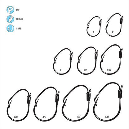 Illustration of Gamakatsu Finesse Weedless Wide Gap Hooks, by Gamakatsu, in sizes 1 to 6/0. Features include icons for eye, forged, and barbed. Hooks are displayed in two rows with smaller sizes on top.