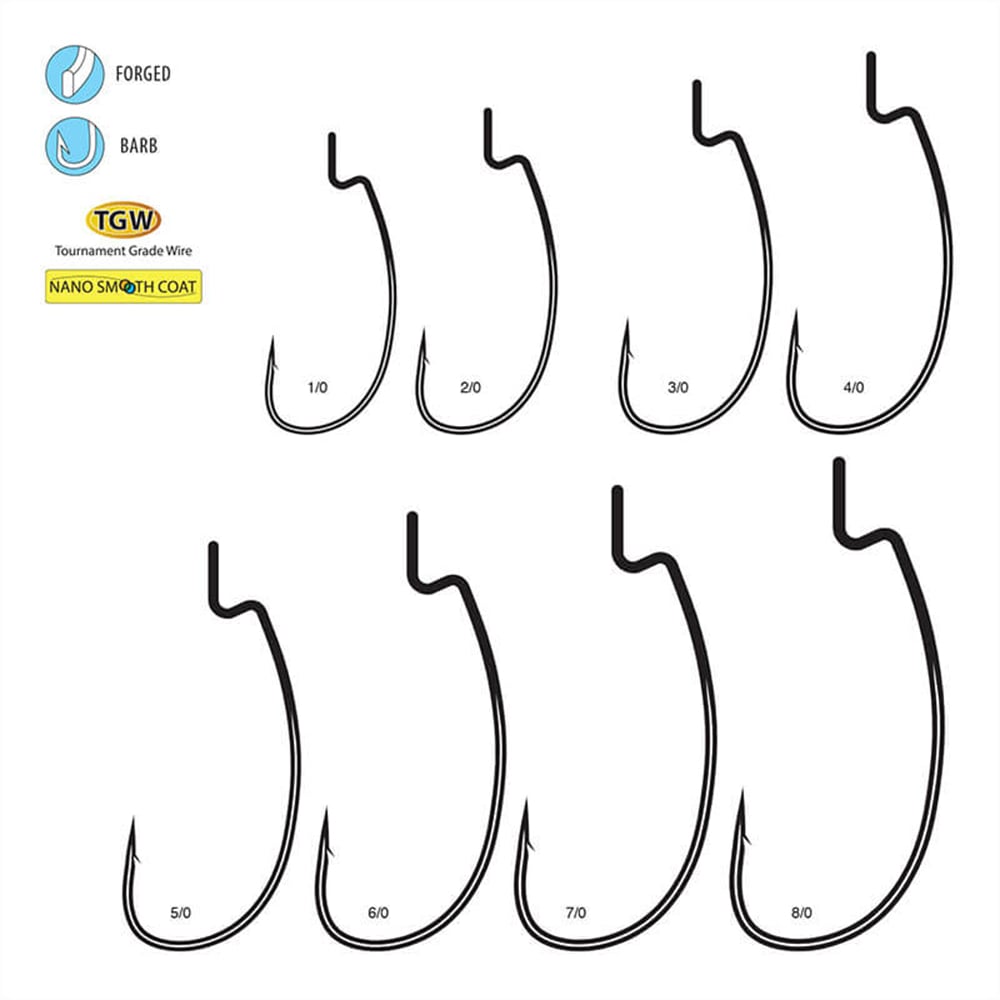 Diagram displays eight sizes of Gamakatsu G-Finesse Hybrid Worm Hook (1/0–8/0) in two rows, with icons showing key features: forged, barb, Tournament Grade Wire, and Nano Smooth Coat for top performance. Brand: Gamakatsu.
