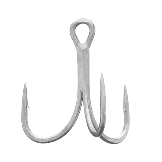 The Gamakatsu G-Finesse Treble MH by Gamakatsu is a medium heavy, silver treble hook with three sharp curved points, a looped eye for line attachment, and is crafted from tournament grade wire for reliable strength.