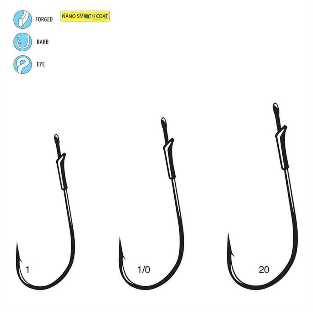 Illustration of three Gamakatsu G-Finesse Worm Light with Tin Keeper Hooks, sized 1, 1/0, and 2/0, with nano smooth coat, forged design, barb, and eye. Ideal for finesse fishing and depicted side by side with simple outlines.
