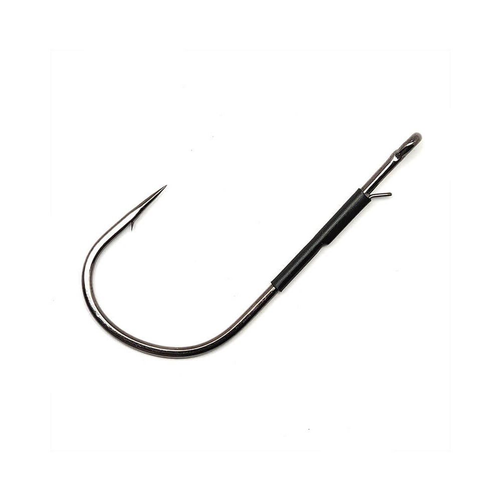 The Gamakatsu Heavy Cover Worm Hook with Wire Keeper by Gamakatsu has a sharp tip, curved shank, and a black Wire Keeper sleeve on the shank. The hook is shown isolated on a white background.