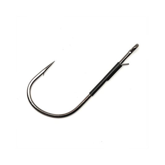 The Gamakatsu Heavy Cover Worm Hook with Wire Keeper by Gamakatsu has a sharp tip, curved shank, and a black Wire Keeper sleeve on the shank. The hook is shown isolated on a white background.