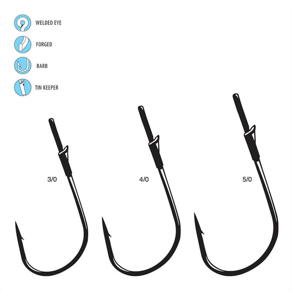 Illustration of three Gamakatsu Heavy Cover Worm Hooks with Wire Keeper in sizes 3/0, 4/0, and 5/0, shown in increasing size and featuring welded eye, forged construction, barb, tin keeper, and Wire Keeper.