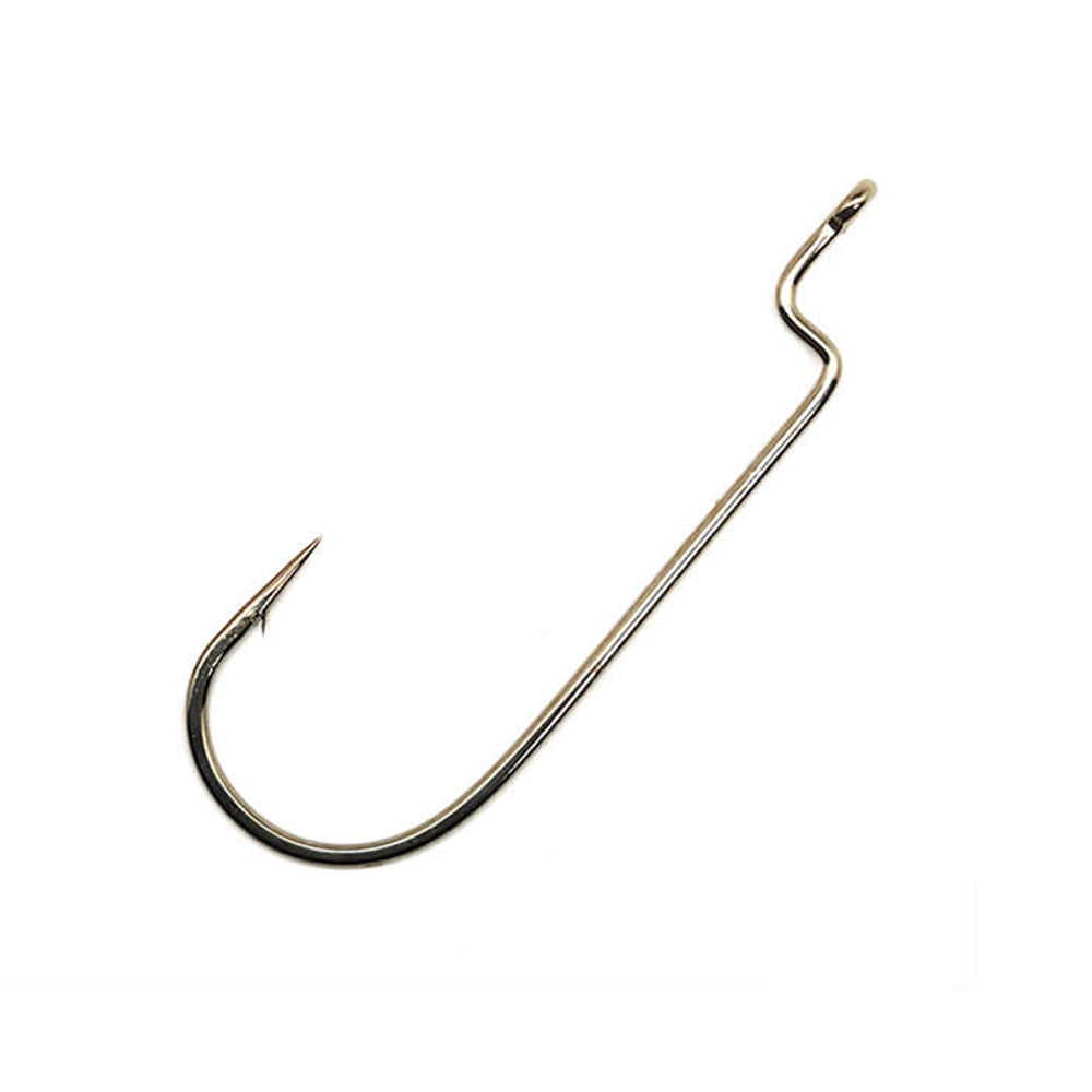 Close-up of a shiny Gamakatsu Offset Shank Round Bend Hook with a barbed tip and eyelet. The smoothly curved hook is ideal for Carolina Rigging, set against a plain white background.
