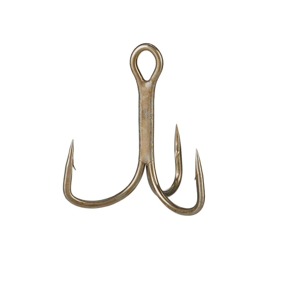 The Gamakatsu Treble EWG Bronze #4 11pk (77108) features three sharp, curved points evenly spaced around a central shank, designed by Gamakatsu and shown against a plain white background.