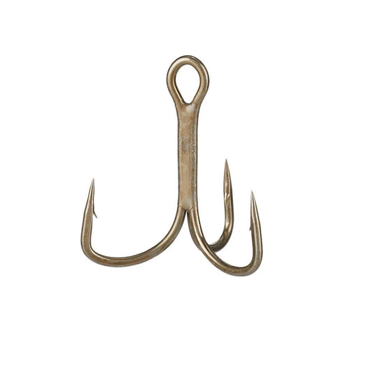 The Gamakatsu Treble EWG Bronze #4 11pk (77108) features three sharp, curved points evenly spaced around a central shank, designed by Gamakatsu and shown against a plain white background.