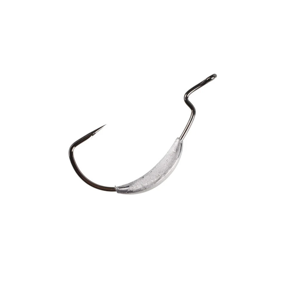 A Gamakatsu Weighted EWG Monster Hook by Gamakatsu, featuring a curved sharp point and a silver cylindrical weight for rigging large swimbaits, is displayed against a plain white background.