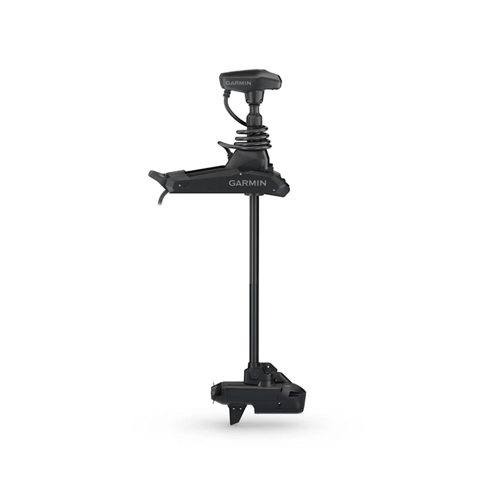 The Garmin Force Kraken Trolling Motor by Garmin is displayed upright against a white background, highlighting its black finish, extended shaft, propeller, and branded control head.