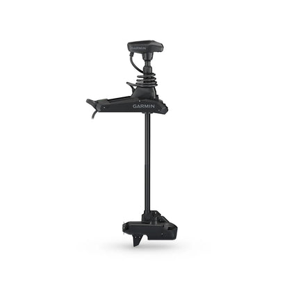 The Garmin Force Kraken Trolling Motor by Garmin is displayed upright against a white background, highlighting its black finish, extended shaft, propeller, and branded control head.