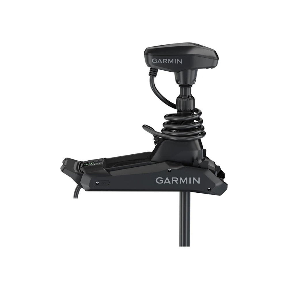 A Garmin Force Kraken Trolling Motor in black with a pivot-style mount and coiled cables, featuring the Garmin logo on two areas, shown on a plain white background.