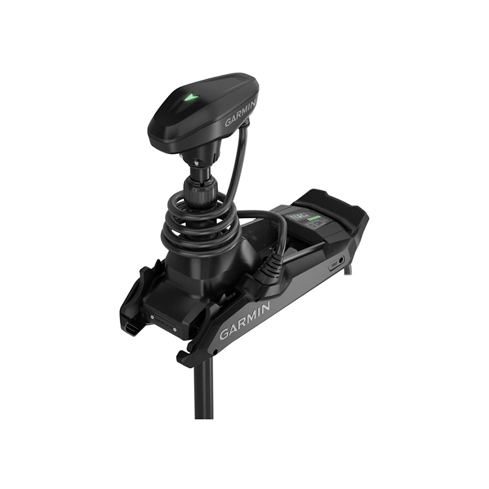 A black Garmin Force Kraken Trolling Motor with a coiled cable, sensor, and display, designed for marine navigation. It features compatibility with longer shafts and pivot-style mounts.