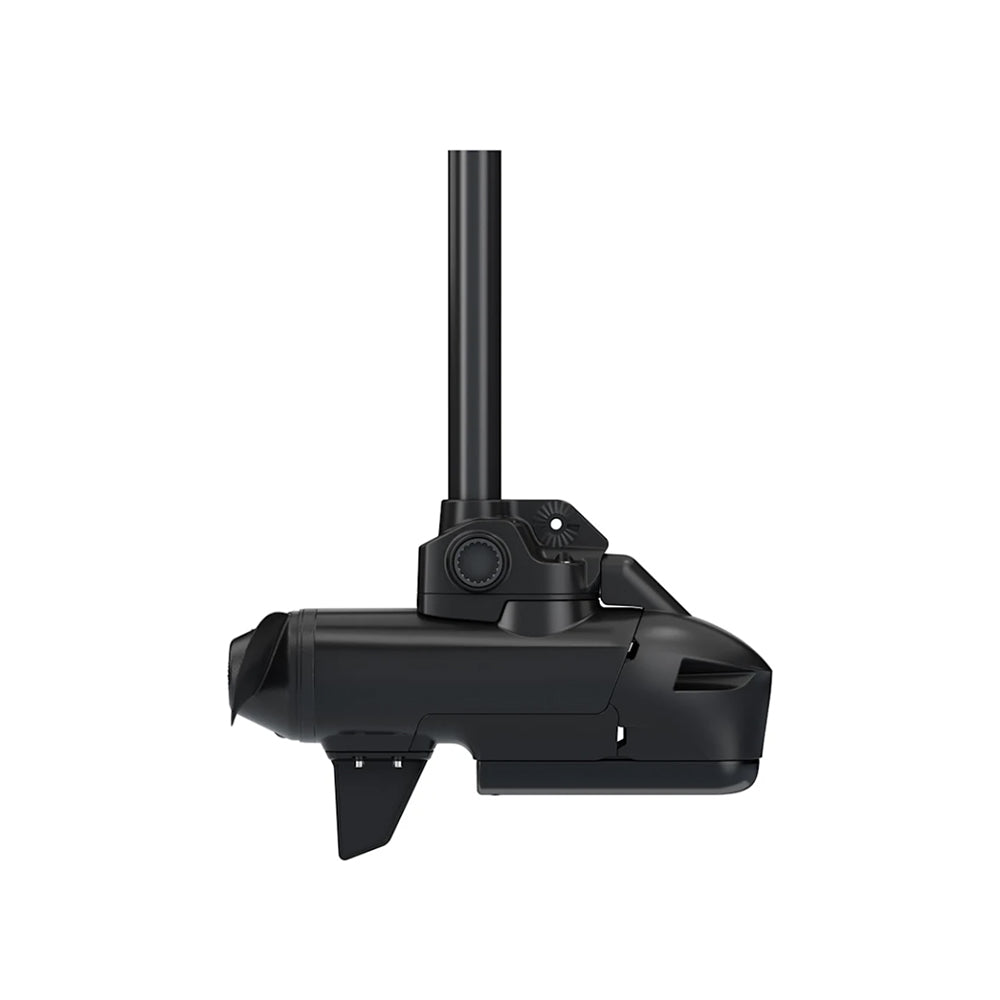 Side view of a Garmin Force Kraken Trolling Motor with a pivot-style mount, black propeller and fin on an extended shaft, isolated on a white background.