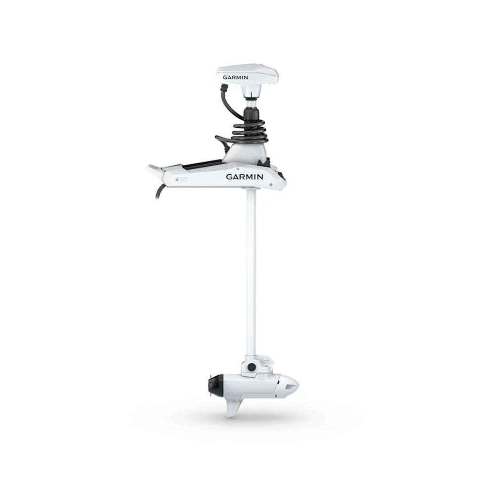 The Garmin Force Kraken Trolling Motor by Garmin is shown with a bottom propeller, coiled black cable, and pivot-style mount for boat installation, all set against a plain white background.