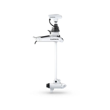 The Garmin Force Kraken Trolling Motor by Garmin is shown with a bottom propeller, coiled black cable, and pivot-style mount for boat installation, all set against a plain white background.