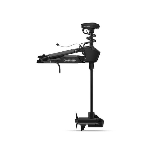 The Garmin Force Pro Trolling Motor by Garmin is shown in black with a powerful motor, bottom propeller, mounting bracket, and cables against a white background.