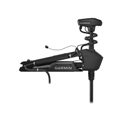 Side view of the Garmin Force Pro Trolling Motor in black, showing cables and a mounted control unit with the Garmin logo. Built for boats, this motor offers advanced positioning technology for precise and powerful performance.
