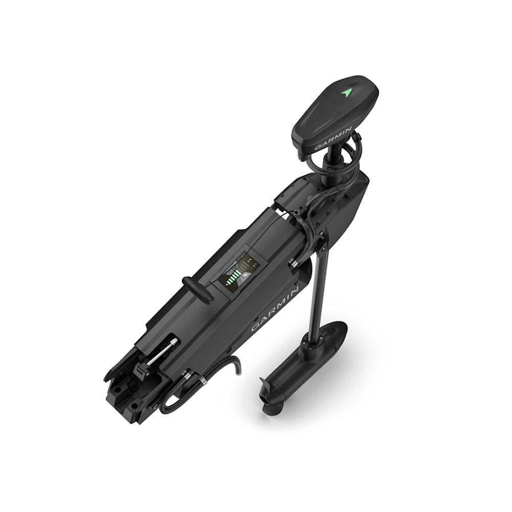 The Garmin Force Pro Trolling Motor by Garmin is shown in black with a streamlined folded design, visible display screen and control buttons on the side, and a propeller at the bottom featuring precise positioning technology.