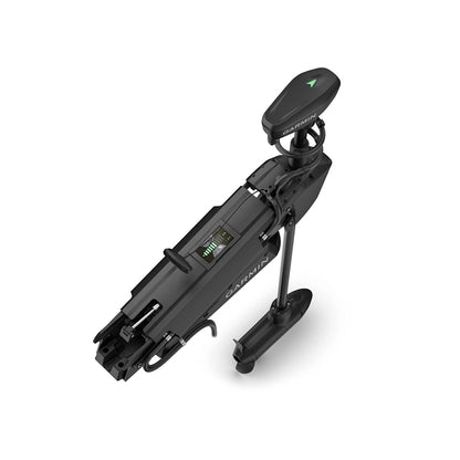 The Garmin Force Pro Trolling Motor by Garmin is shown in black with a streamlined folded design, visible display screen and control buttons on the side, and a propeller at the bottom featuring precise positioning technology.