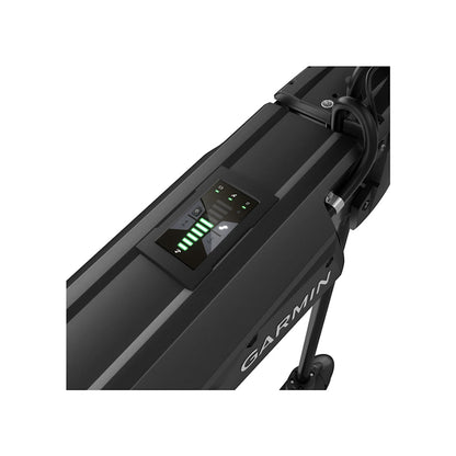 Close-up of the Garmin Force Pro Trolling Motor’s display on a sleek black frame, showing clear battery and status indicators. The Garmin logo is visible—perfect for those seeking precise positioning technology.