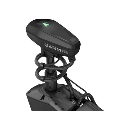 Close-up of a Garmin Force Pro Trolling Motor, featuring visible cables and a glowing green indicator light on its black body, with the Garmin logo—showcasing advanced positioning technology.