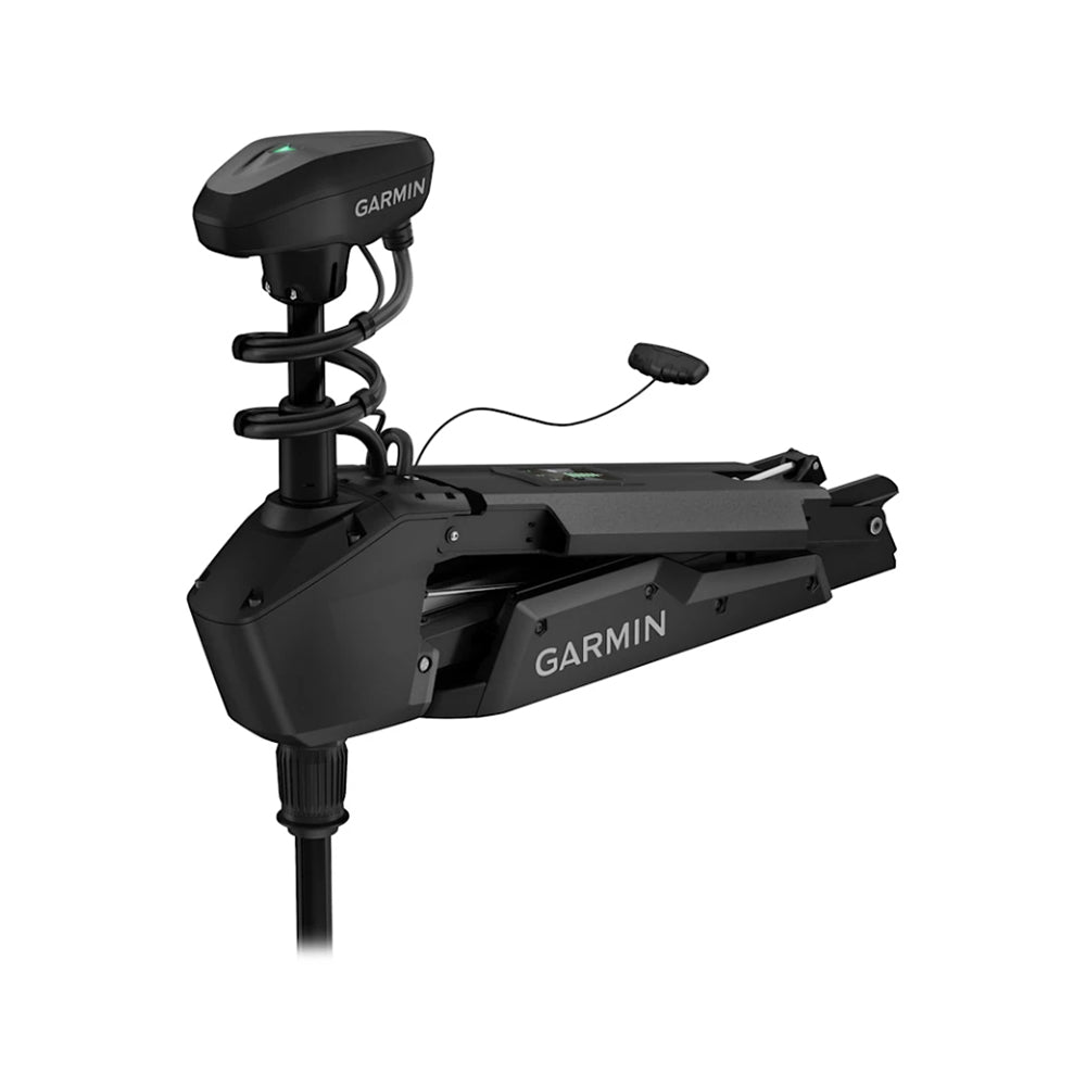 Side view of the Garmin Force Pro Trolling Motor in black, featuring a visible coil spring, control head, and mounting bracket. The white "GARMIN" logo is shown on the housing, highlighting its advanced positioning technology for superior control.