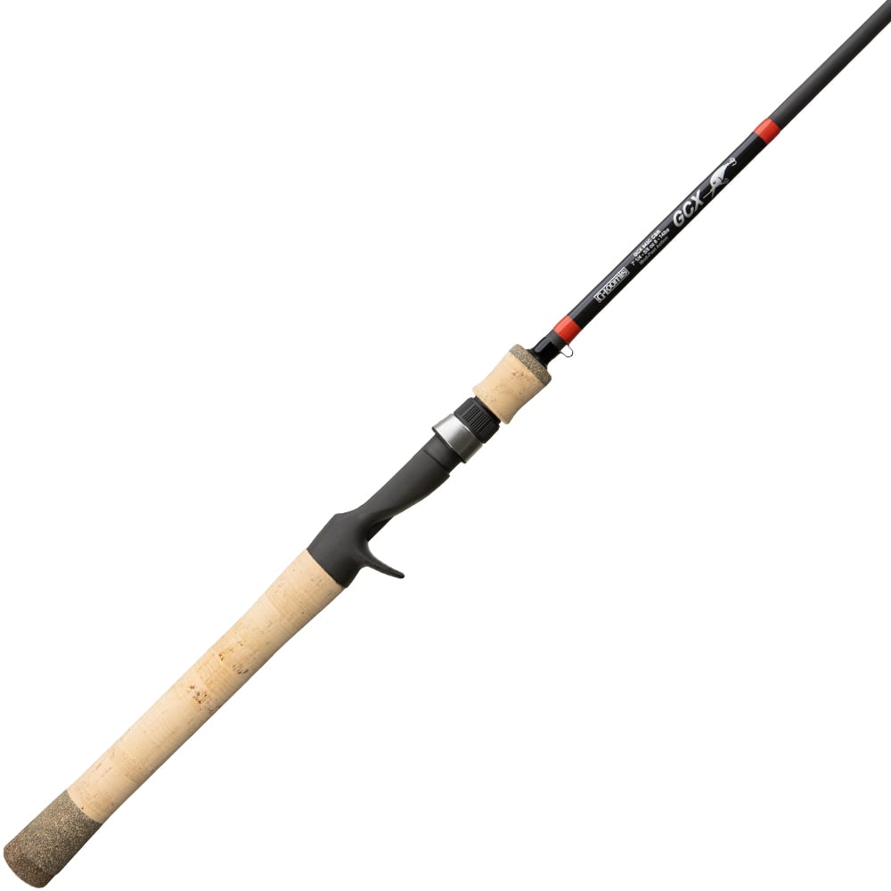 The G. Loomis GCX Crankbait Casting Rod 845C CBR 7'0" Medium Heavy features a cork handle, black rod with red accents, and Multi-Taper Design—making it ideal for bass fishing. Shown on a white background.