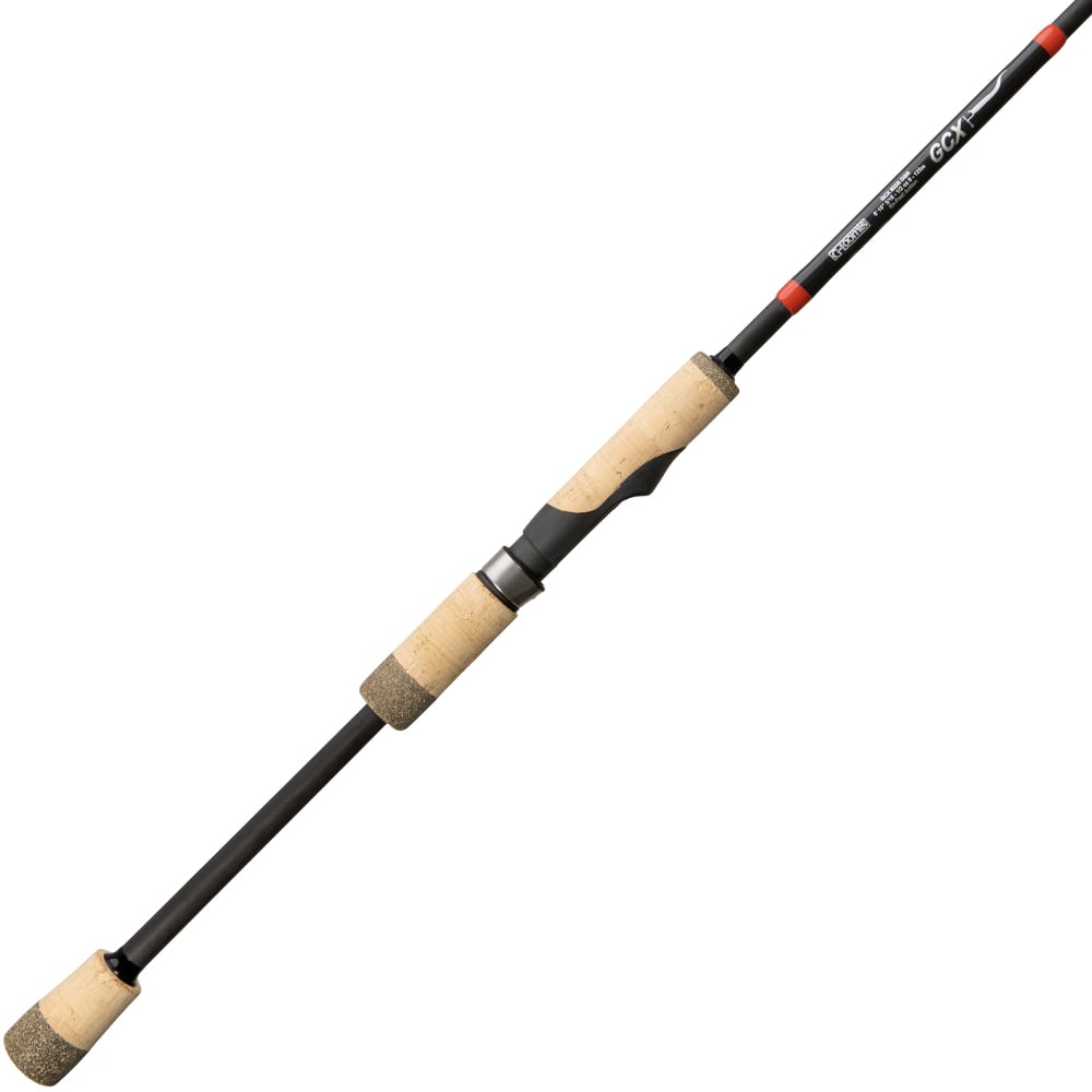 The G. Loomis GCX Dropshot Spinning Rod 822S DSR 6'10" Mag-Medium by G. Loomis features cork handles, a reel seat, and a slim, lightweight black design—perfect for bass fishing—shown on a white background.