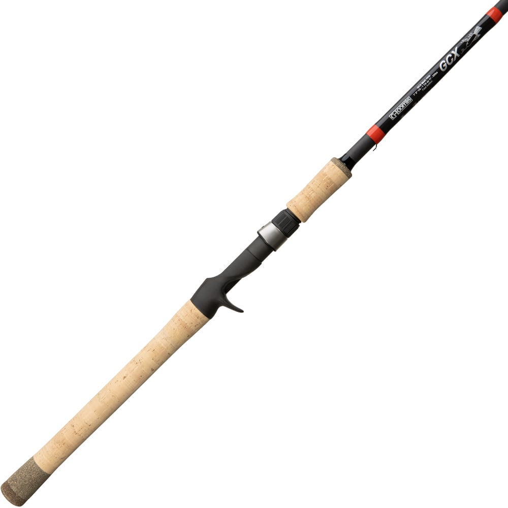 Introducing the G. Loomis GCX Flip Punch Casting Rod by americanlegacyfishing, crafted for bass anglers with a cork handle and black reel seat. This mainly black rod has red accents, a trigger grip for better control, and a Multi-Taper Design for precision in every cast.