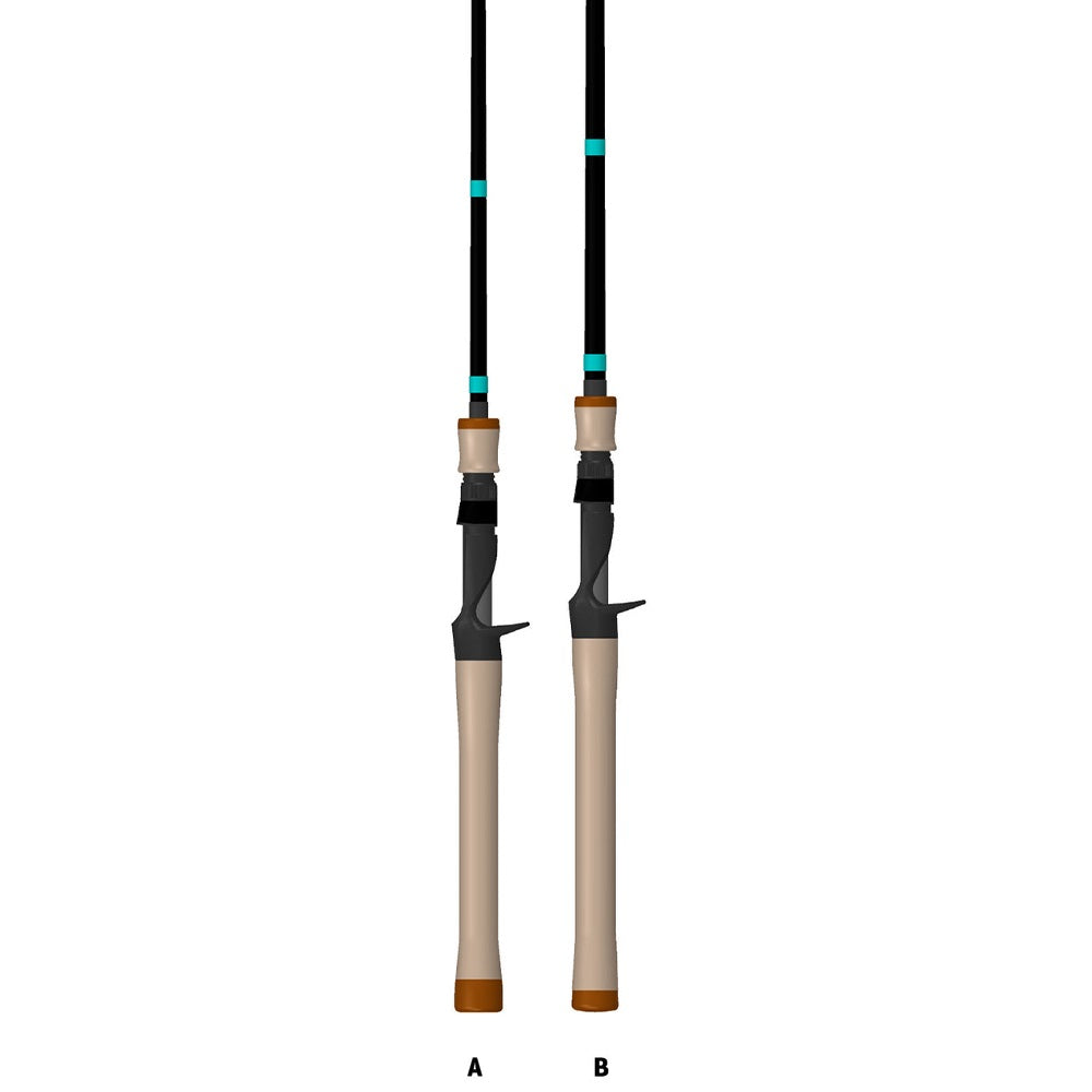 Two G. Loomis GCX Inshore Casting Rods with tan handles, Fuji reel seats, and black rods with blue accents stand upright. The left ("A") features the 782C F 6'6" Medium model (12969-01); both are part of the GCX Inshore series.