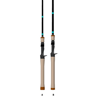 Two G. Loomis GCX Inshore Casting Rods with tan handles, Fuji reel seats, and black rods with blue accents stand upright. The left ("A") features the 782C F 6'6" Medium model (12969-01); both are part of the GCX Inshore series.