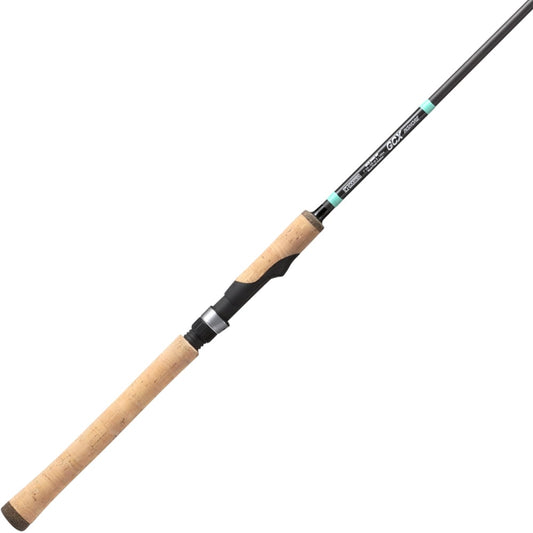 The G. Loomis GCX Inshore Spinning Rod 842S MF 7'0" Medium features a long cork handle, black reel seat, slim graphite blank, and teal accents near the handle—ideal for your saltwater fishing trips.