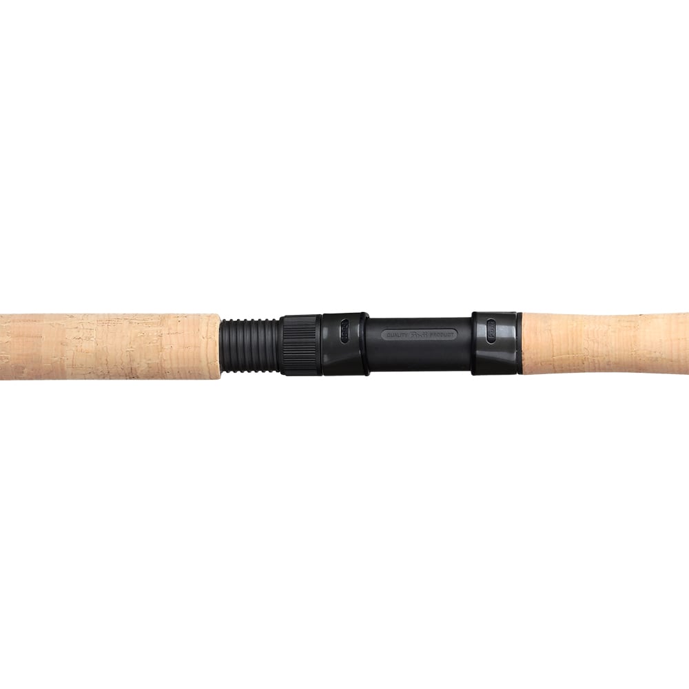 A close-up of the G. Loomis GCX Inshore Spinning Rod 965S MF 8'0" Extra Heavy handle shows its light cork grips and black reel seat—ideal for saltwater anglers. Only the handle is visible, with no reel or rod tip shown.