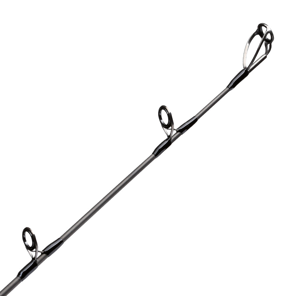 Close-up of the top section of the G. Loomis GCX Inshore Spinning Rod 843S F 7'0" Medium Heavy, featuring several metal line guides along the rod against a plain white background.