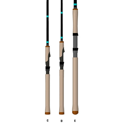 Three fishing rod handles stand vertically, labeled C, D, and E. Each displays a beige grip with black details and unique shapes—hallmarks of premium saltwater rods like the G. Loomis GCX Inshore Spinning Rod 844S MGM 7'0".