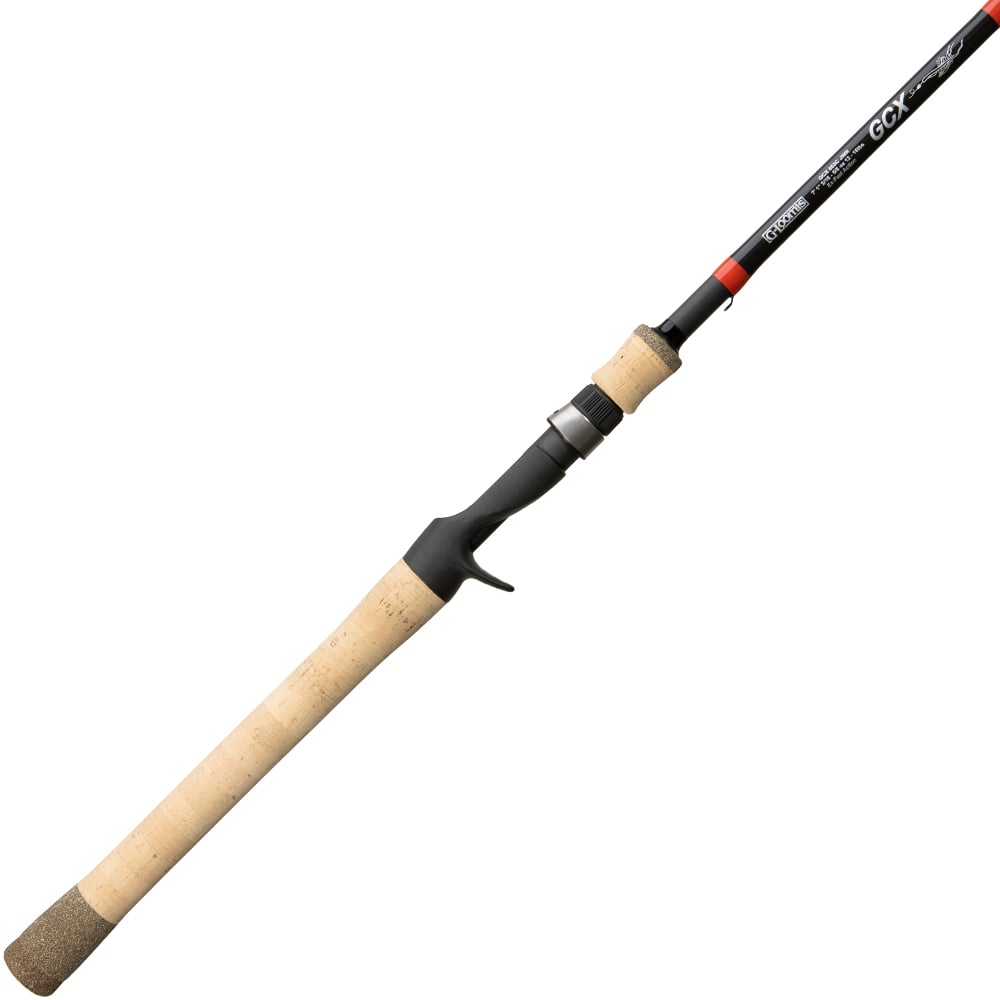 The G. Loomis GCX Jig & Worm Casting Rod 894C JWR 7'5" Heavy | 12958-01 from americanlegacyfishing, with its black and beige color scheme and cork handle, boasts a sleek design optimized through the Multi-Taper Design for enhanced performance. It is shown against a white background and includes features like a reel seat and decorative markings near the handle, making it an ideal choice for Jig & Worm Casting Rod enthusiasts.