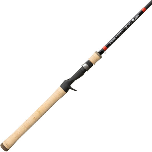 The G. Loomis GCX Spinnerbait Casting Rod 812C SBR 6'9" Medium (12967-01) is shown on a white background, featuring a cork handle, black reel seat, and black rod with red accents and white text.