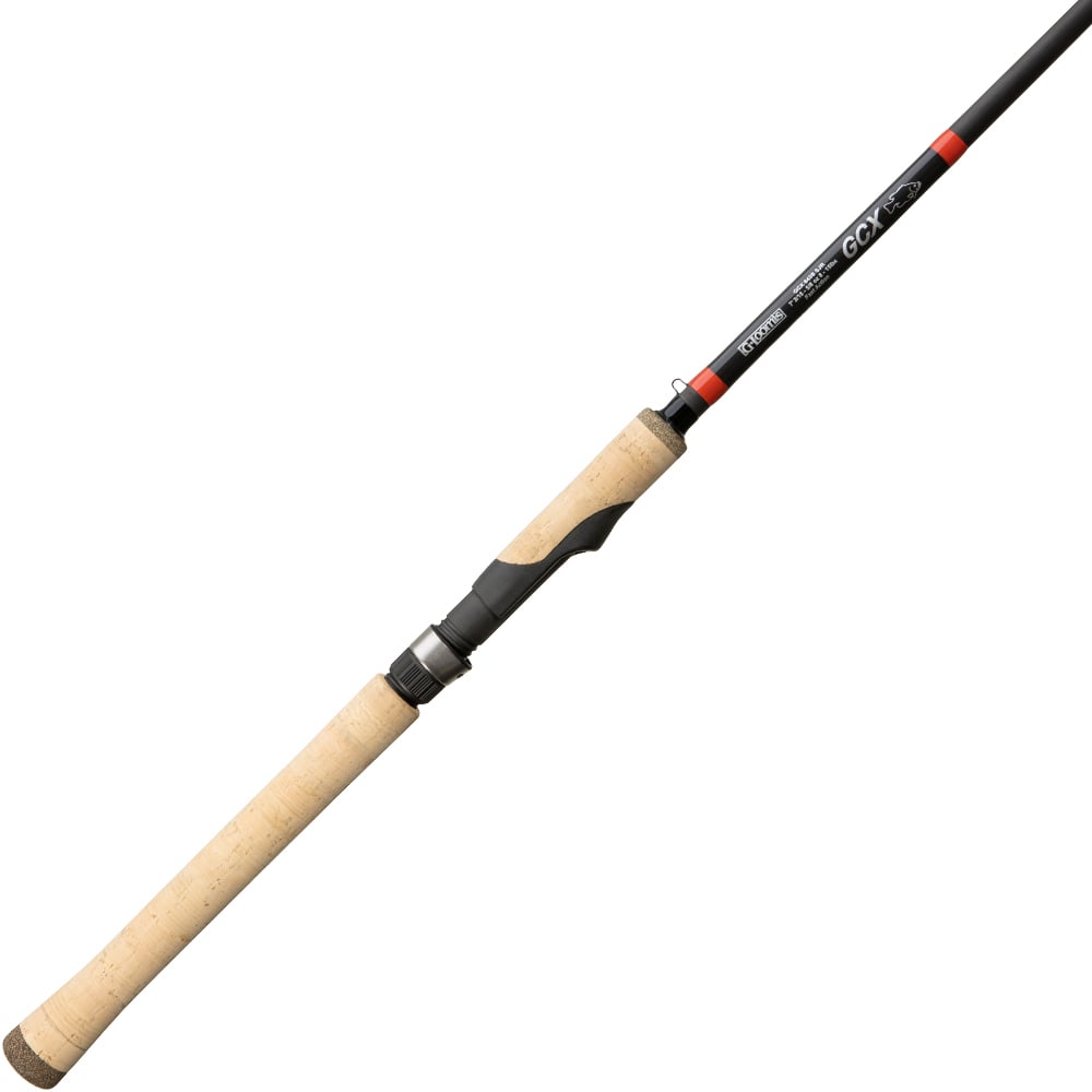 The G. Loomis GCX Spin Jig Spinning Rod 783S SJR 6'6" Medium Heavy features a cork handle, black reel seat, red accents, and visible branding near the handle—ideal for bass fishing. Brand: G. Loomis. Model: 12950-01.