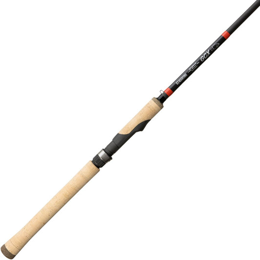 The G. Loomis GCX Spin Jig Spinning Rod 843S SJR 7'0" Medium Heavy, shown with a cork handle and black finish with red and white accents, is ideal for bass fishing. Brand: G. Loomis. Model: 12952-01. Displayed on a white background.