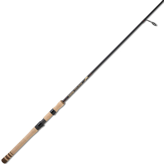 The G. Loomis IMX Hot Shot Spinning Rod 9000-2S HSR 7'6" Mag Light 2 Piece features a cork handle, black reel seat, and lined guides along its graphite shaft, shown diagonally against a white background.