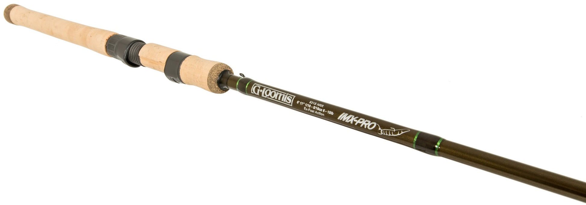 A close-up of the G. Loomis IMX-PRO Ned Rig 831S NRR 6'11" Medium Light Spinning Rod highlights the cork handle, reel seat, and branding on a dark green shaft—ideal for Ned Rig techniques. Brand: G. Loomis.
